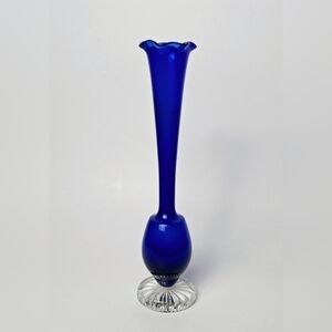 Vintage Cobalt Blue Bud Vase 9.5" – Scalloped Rim & Clear Base